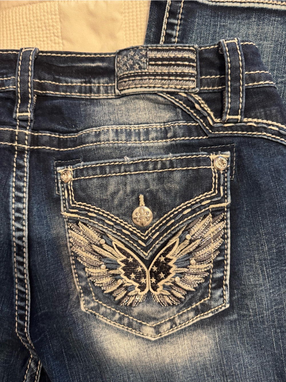 Miss Me Dark Blue Wing Embroidered Bootcut Jeans - Picture 2 of 7